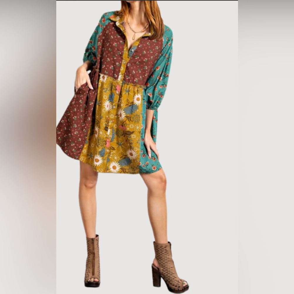 Easel Multicolor Floral Patchwork Boho Dress L - image 1